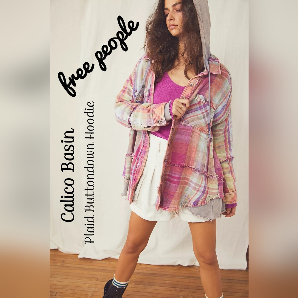 FREE PEOPLE We The Free Calico Basin Plaid Buttondown Hoodie MED EXCELLENT COND!